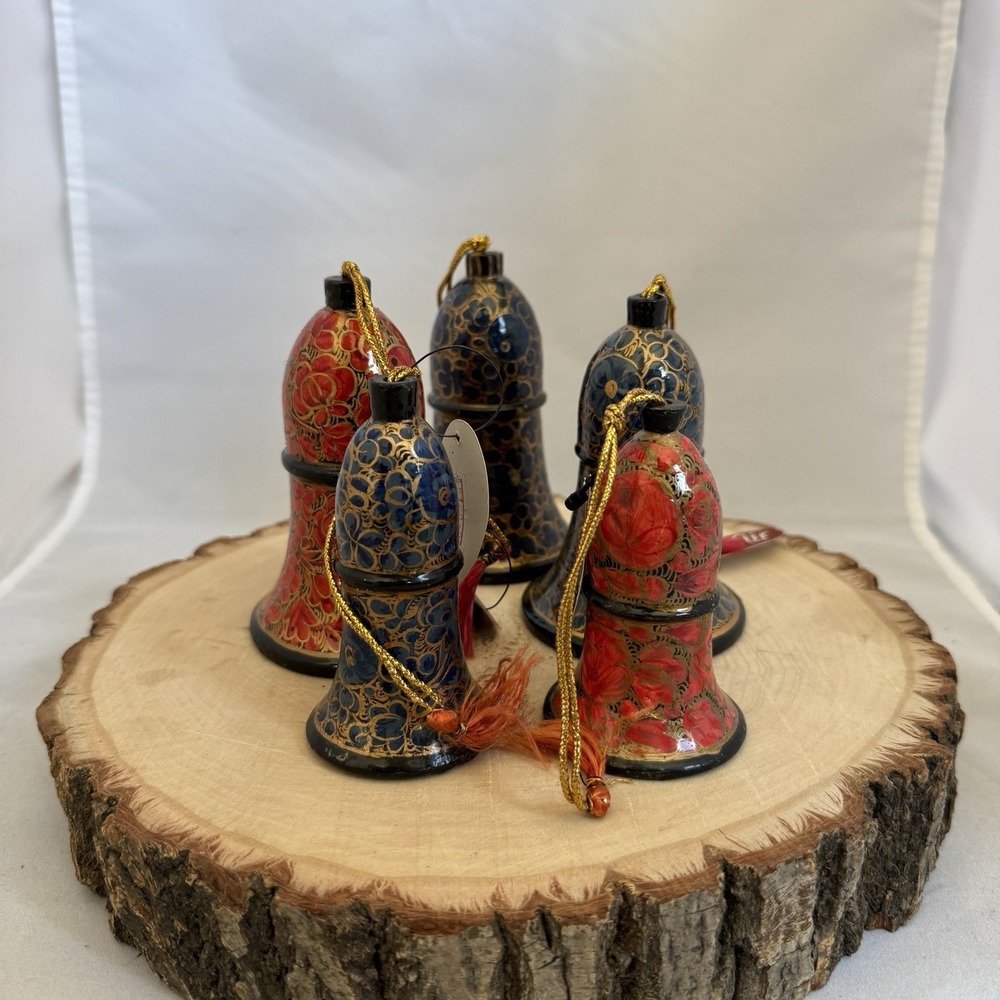 Set Of 5 Lacquer Paper Mache Kashmiri Art Hand Painted Bells That Ring 4" & 3"‎